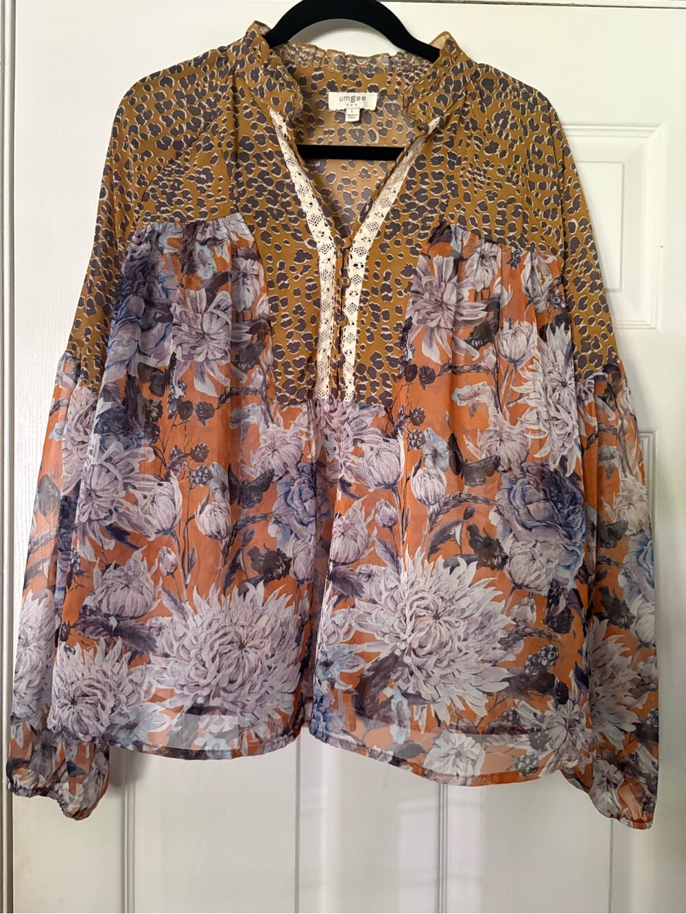 Umgee Mixed-Print Floral and Animal-Print Boho Blouse in Mustard and Orange